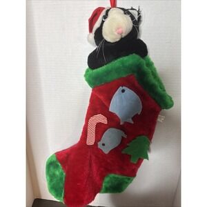 Vintage Cat & Mouse Christmas Stocking With Jingle Bell Acrylic Polyester Decor
